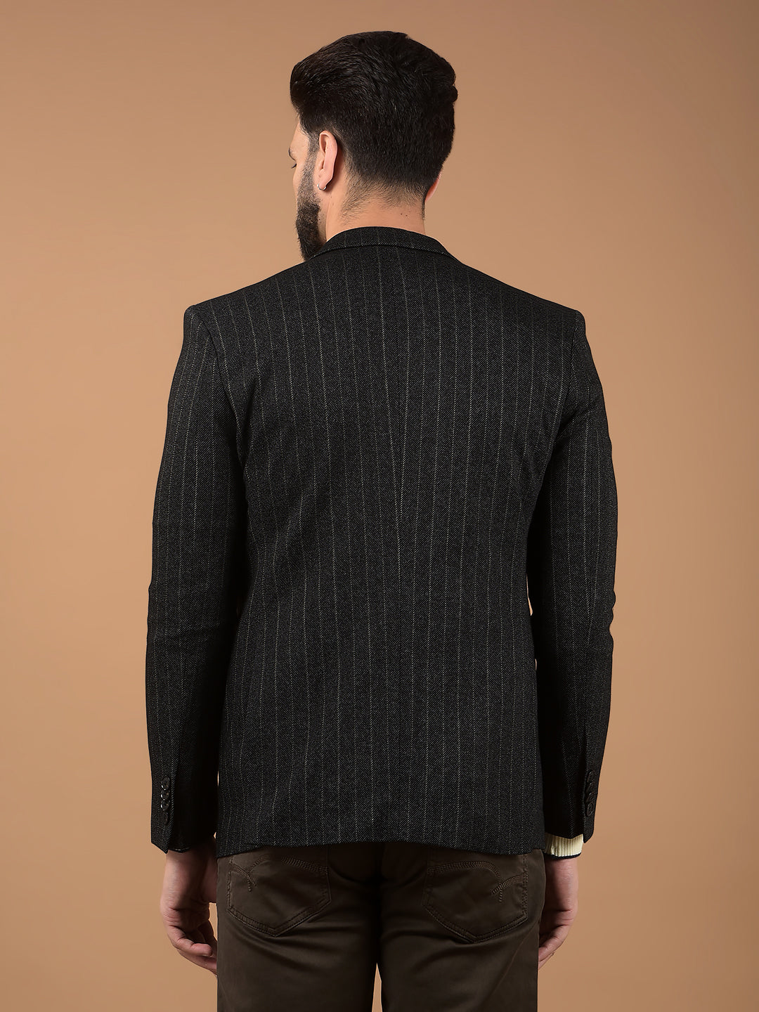 Black Vertical Stripes Notched Lapel Single Breasted Blazer-Men Blazers-Crimsoune Club