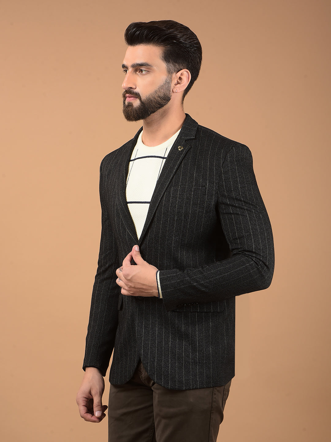 Black Vertical Stripes Notched Lapel Single Breasted Blazer