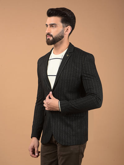 Black Vertical Stripes Notched Lapel Single Breasted Blazer-Men Blazers-Crimsoune Club