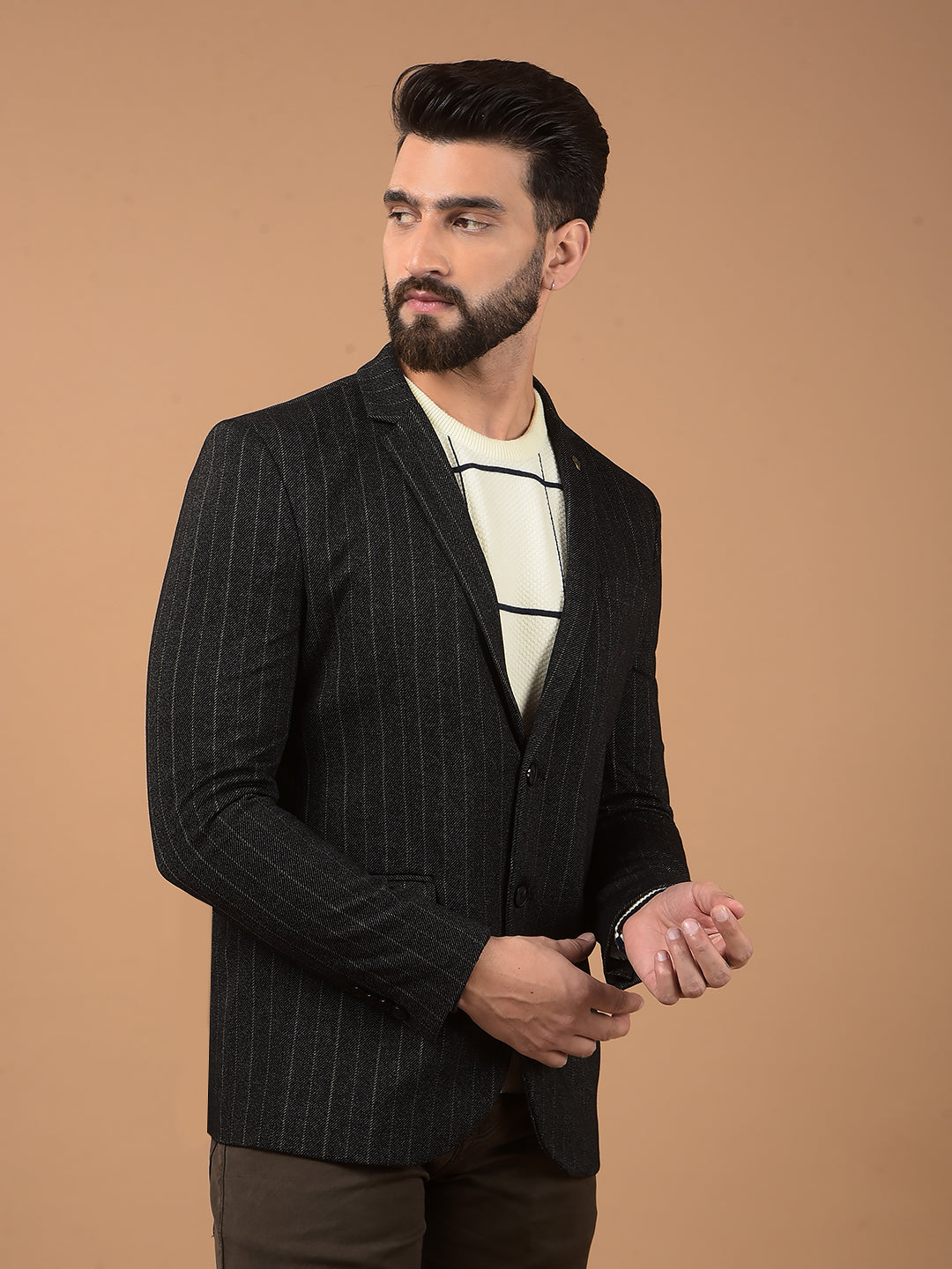 Black Vertical Stripes Notched Lapel Single Breasted Blazer