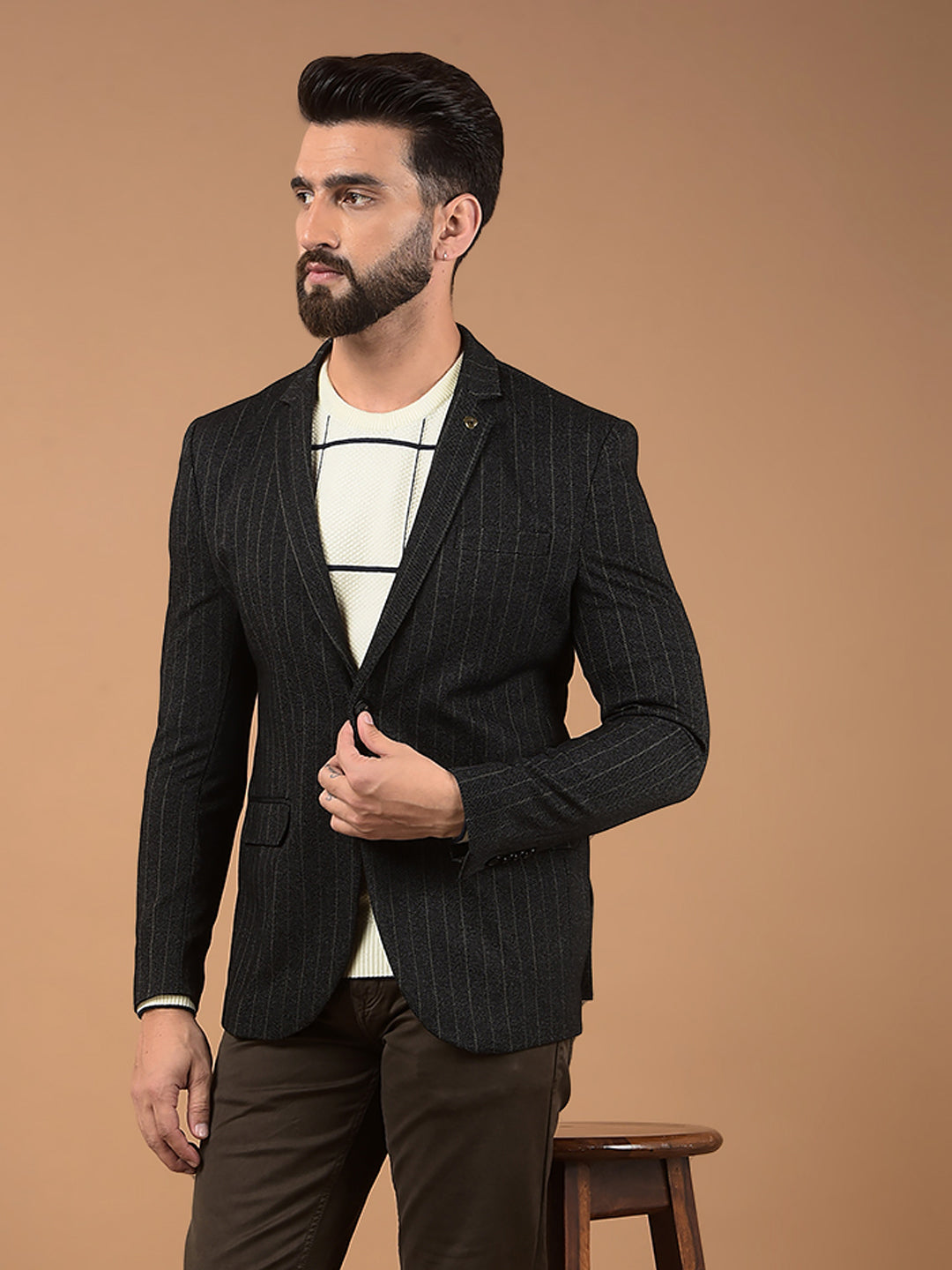 Black Vertical Stripes Notched Lapel Single Breasted Blazer