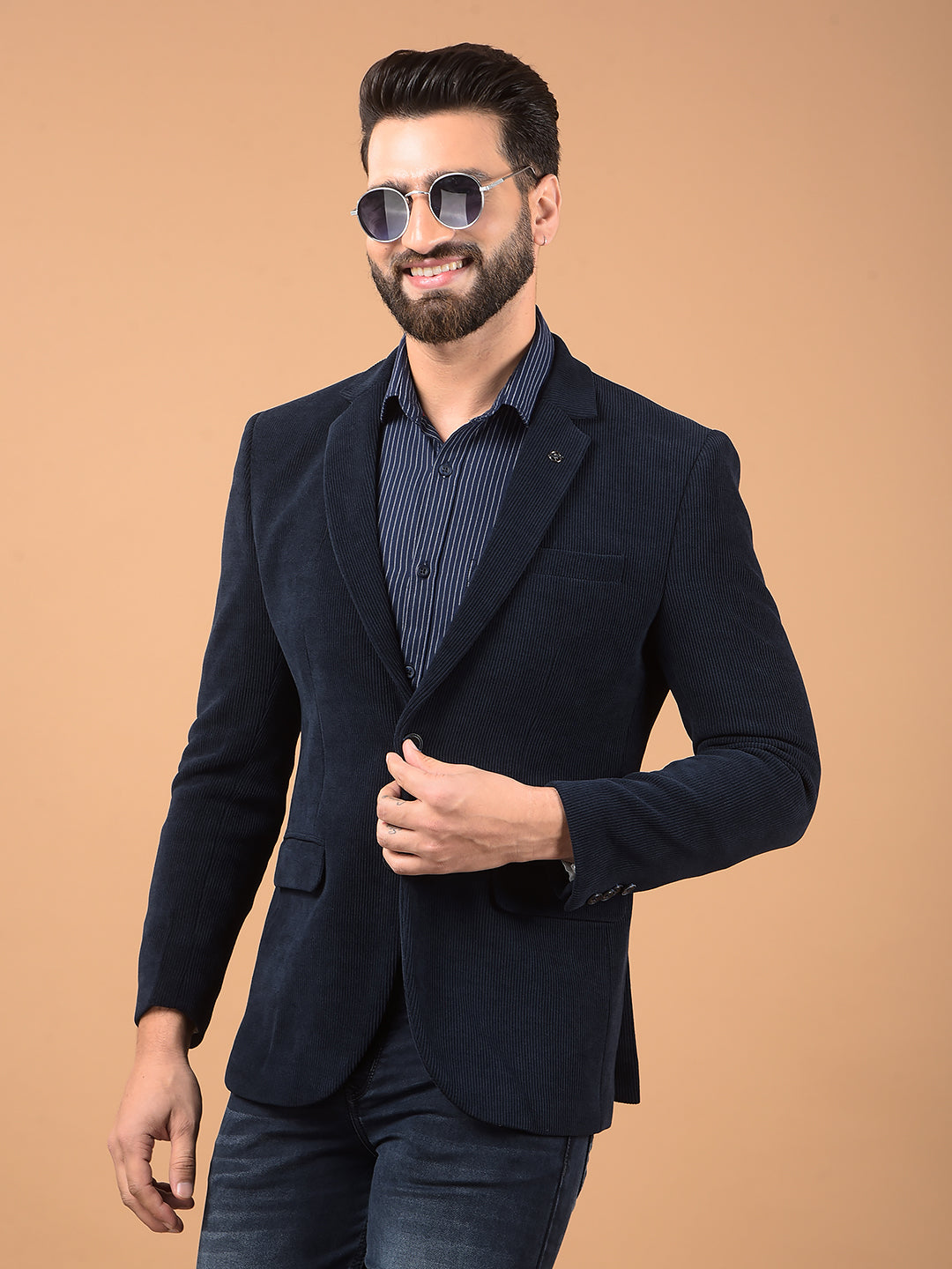 Navy Blue Printed Notched Lapel Single Breasted Blazer