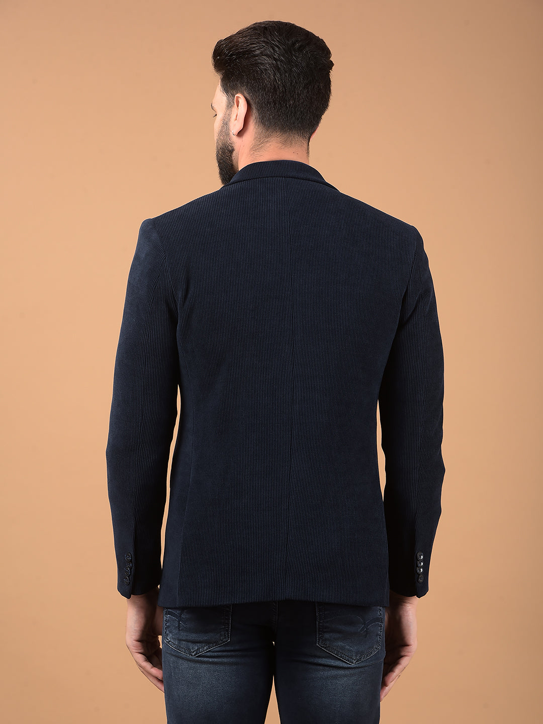 Navy Blue Printed Notched Lapel Single Breasted Blazer-Men Blazers-Crimsoune Club