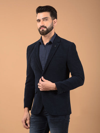 Navy Blue Printed Notched Lapel Single Breasted Blazer-Men Blazers-Crimsoune Club