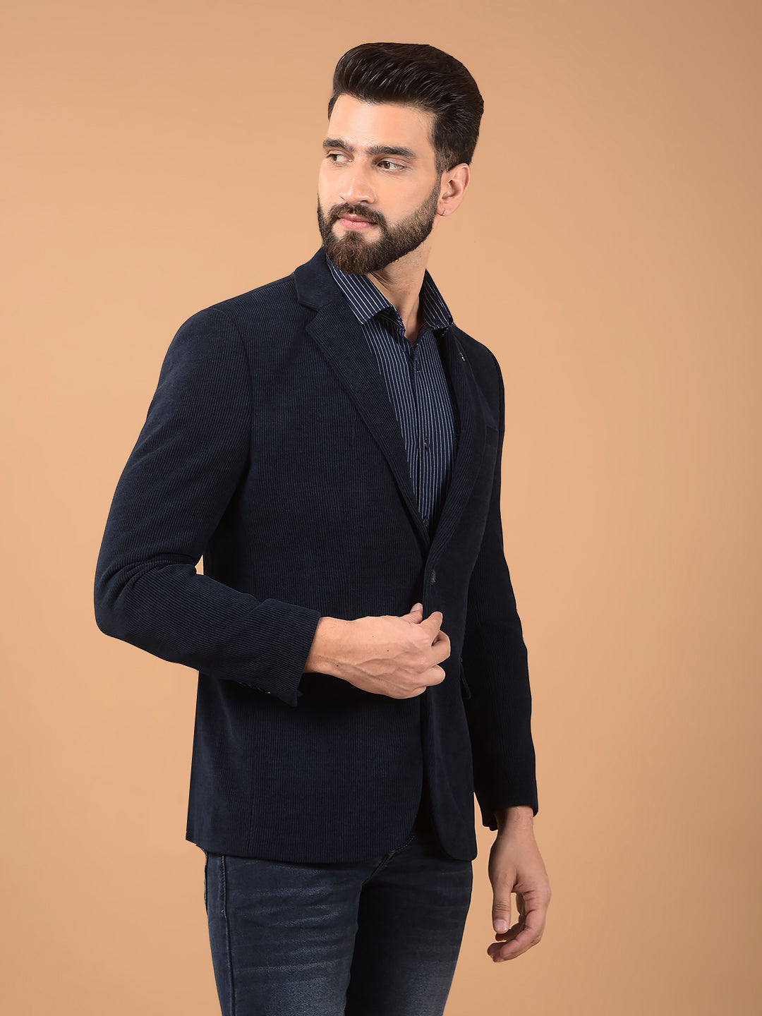 Navy Blue Printed Notched Lapel Single Breasted Blazer-Men Blazers-Crimsoune Club