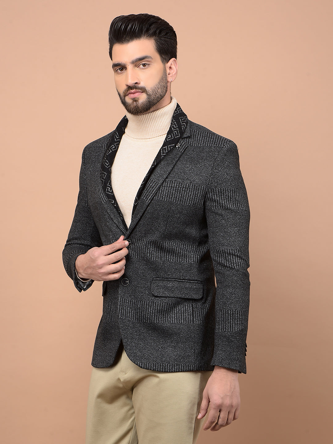 Grey Jacquard Single Breasted Blazer-Men Blazers-Crimsoune Club