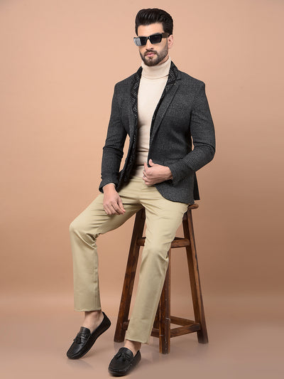 Grey Jacquard Single Breasted Blazer-Men Blazers-Crimsoune Club