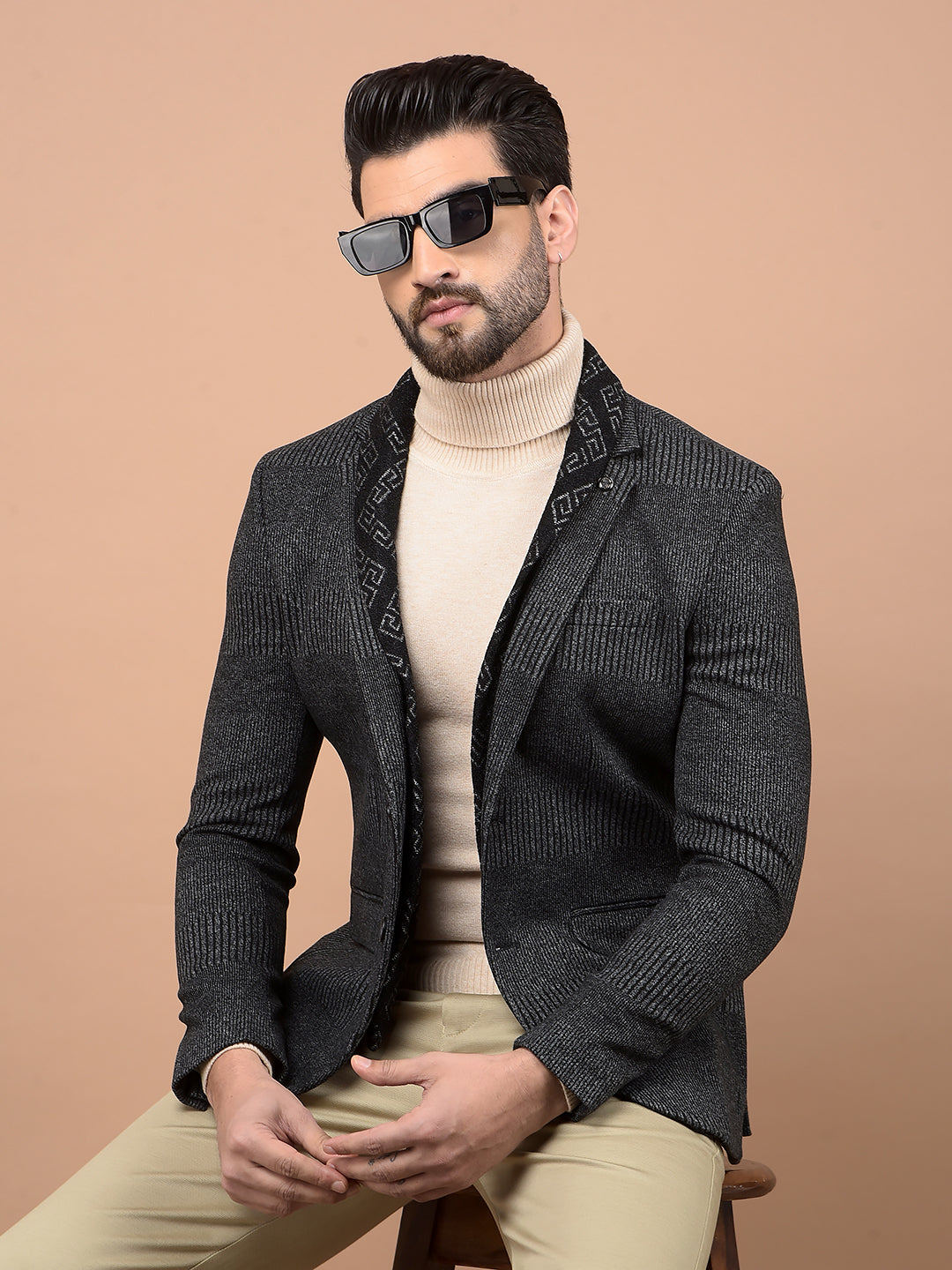 Grey Jacquard Single Breasted Blazer-Men Blazers-Crimsoune Club