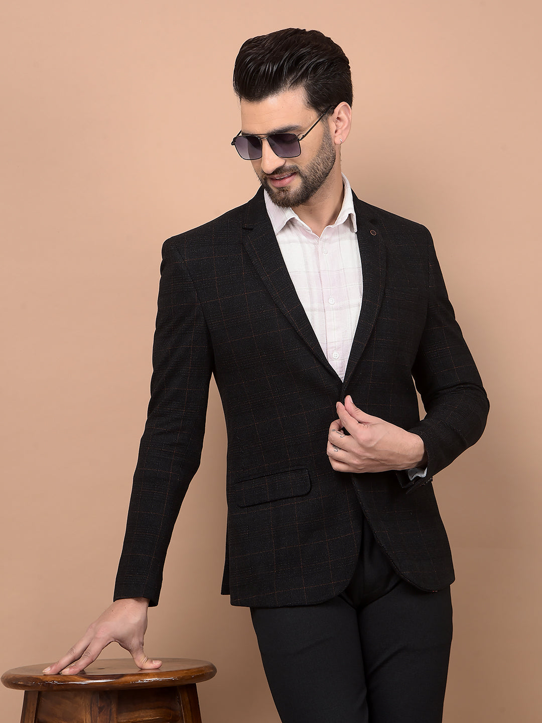 Black Checked Single Breasted Blazer