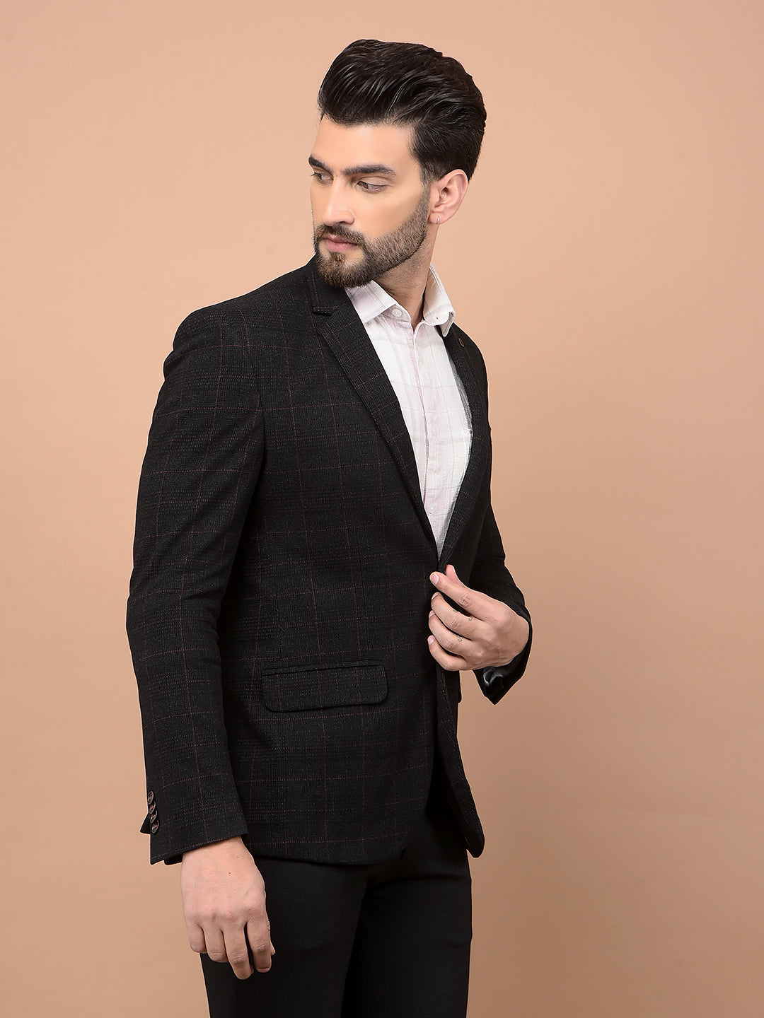 Black Checked Single Breasted Blazer-Men Blazers-Crimsoune Club