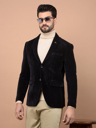 Black Printed Corduroy Single Breasted Blazer-Men Blazers-Crimsoune Club