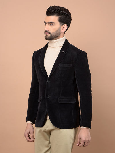 Black Printed Corduroy Single Breasted Blazer-Men Blazers-Crimsoune Club