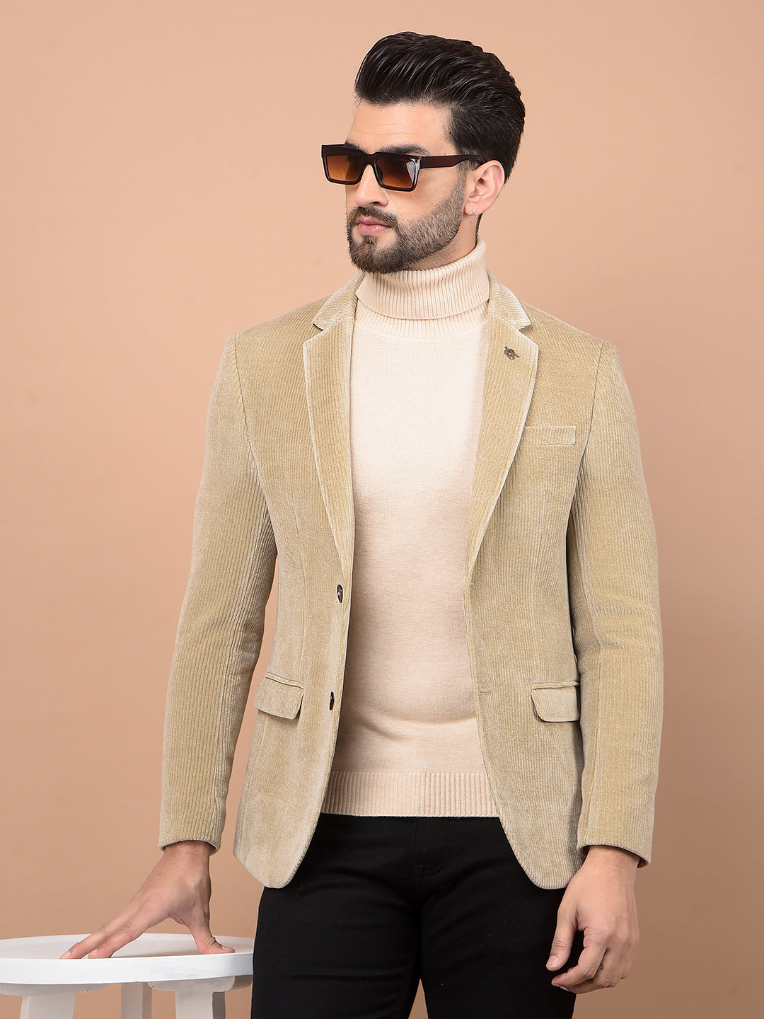 Beige Printed Corduroy Single Breasted Blazer