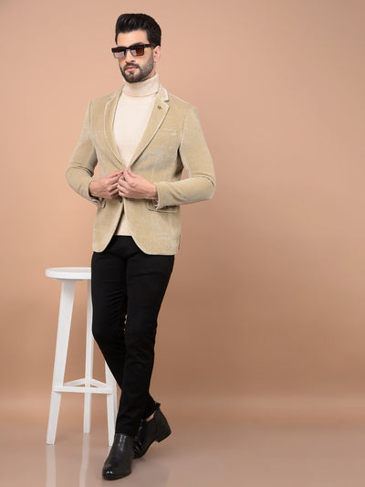 Beige Printed Corduroy Single Breasted Blazer-Men Blazers-Crimsoune Club