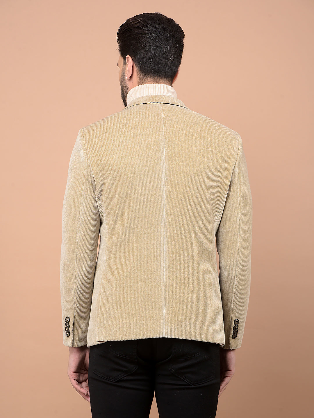 Beige Printed Corduroy Single Breasted Blazer-Men Blazers-Crimsoune Club