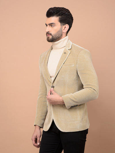 Beige Printed Corduroy Single Breasted Blazer