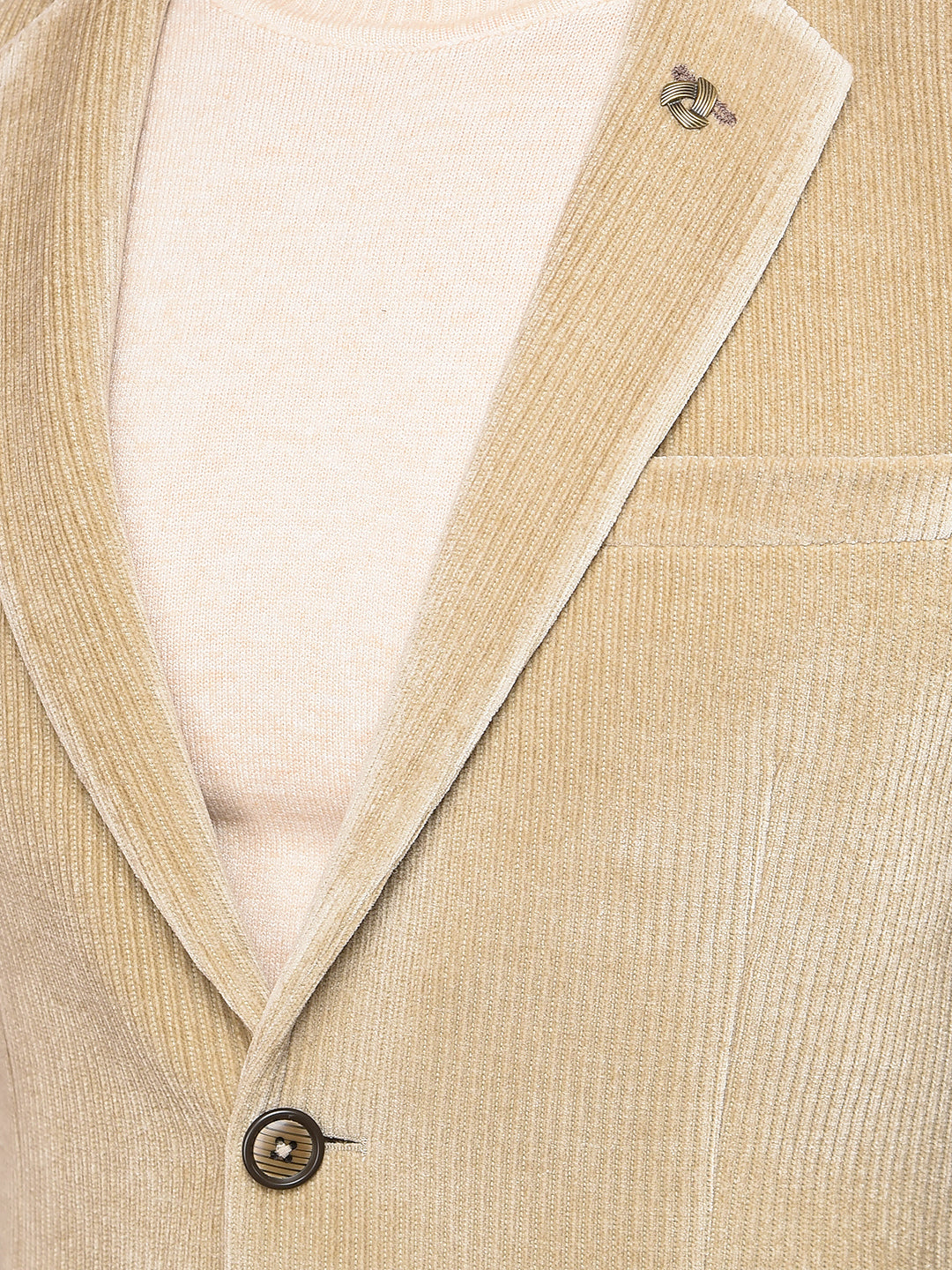 Beige Printed Corduroy Single Breasted Blazer