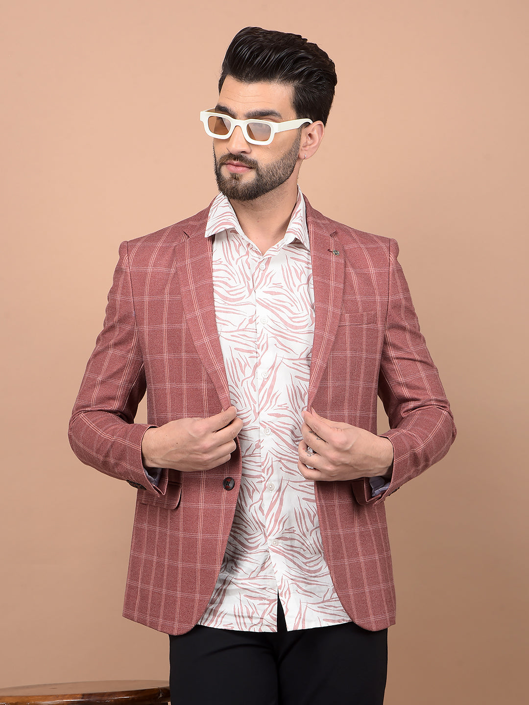 Peach Checked Single Breasted Blazer-Men Blazers-Crimsoune Club