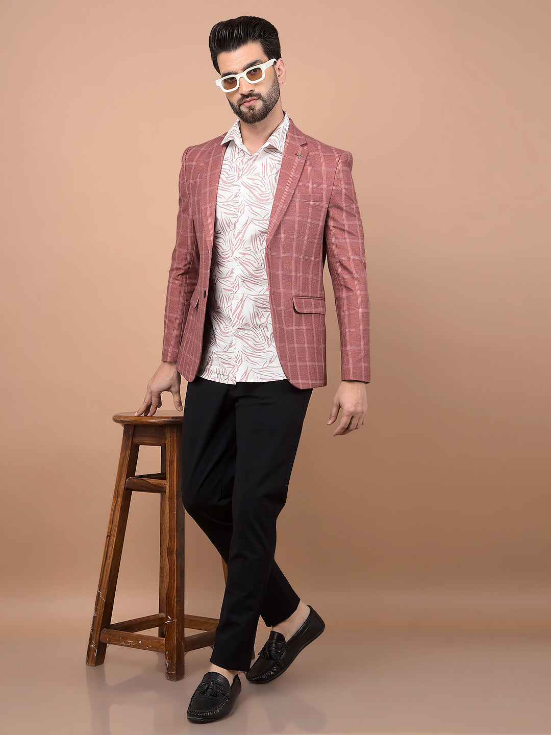 Peach Checked Single Breasted Blazer