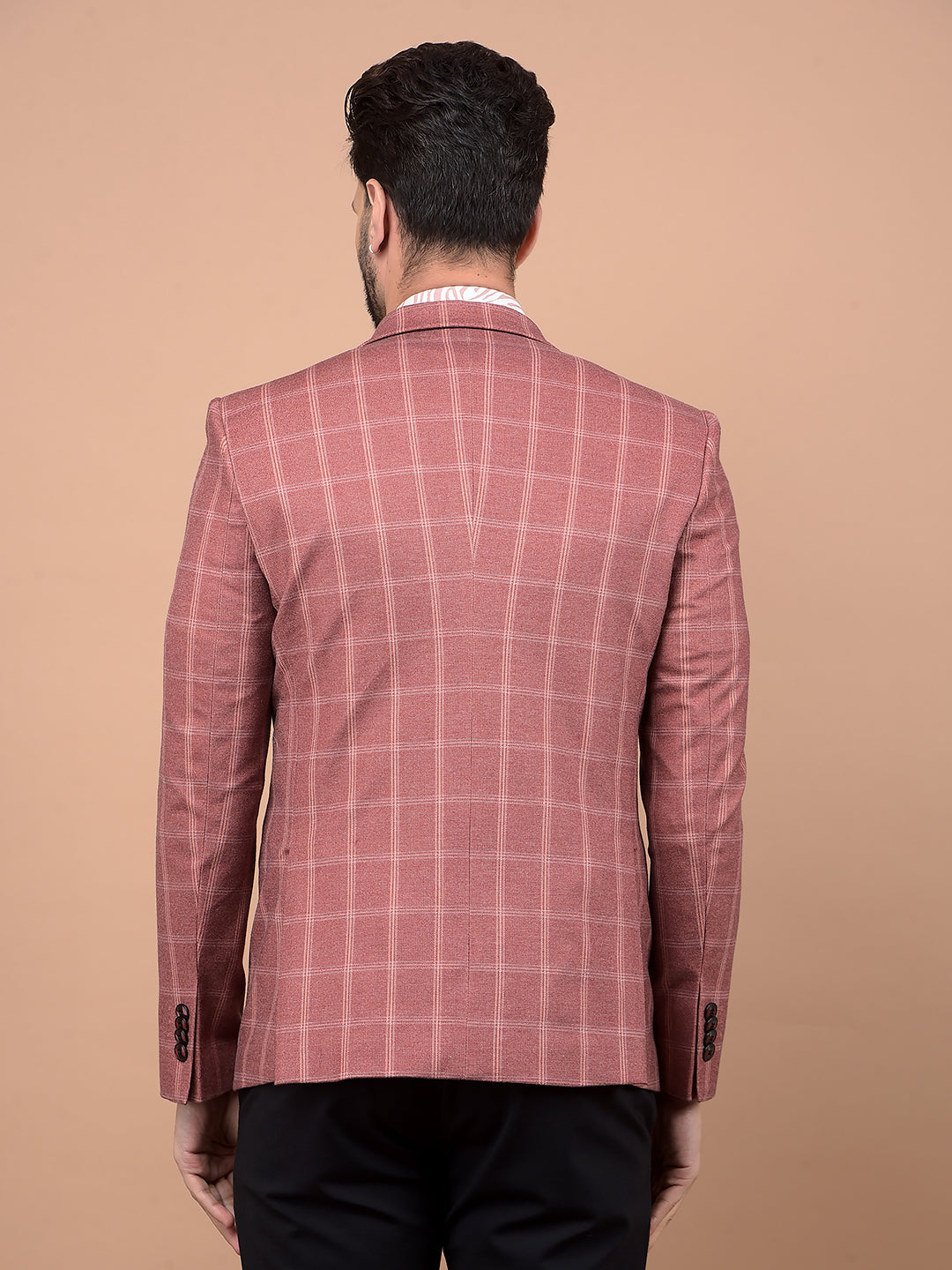 Peach Checked Single Breasted Blazer-Men Blazers-Crimsoune Club