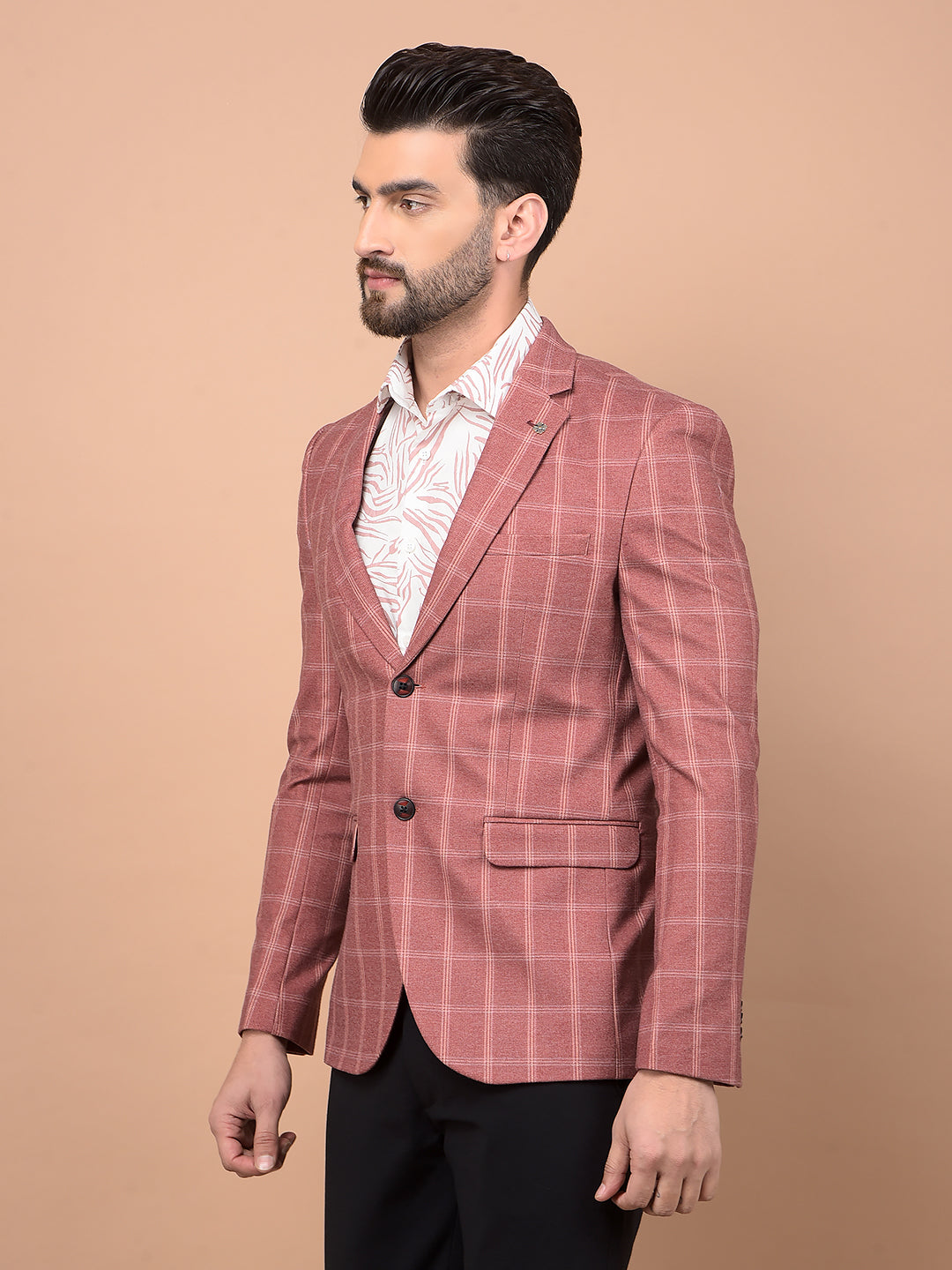 Peach Checked Single Breasted Blazer