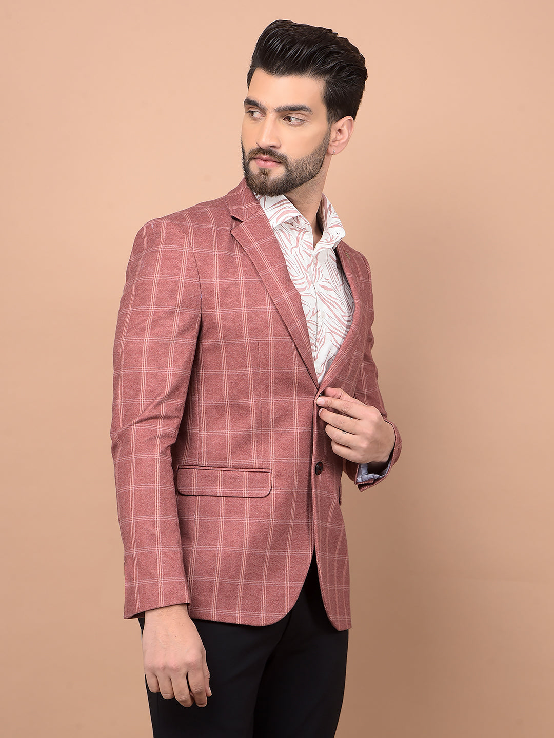 Peach Checked Single Breasted Blazer-Men Blazers-Crimsoune Club