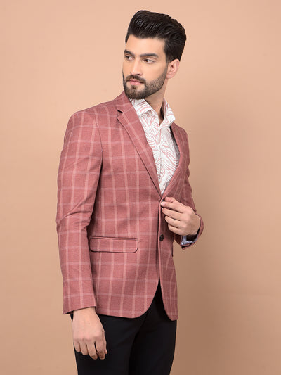 Peach Checked Single Breasted Blazer-Men Blazers-Crimsoune Club