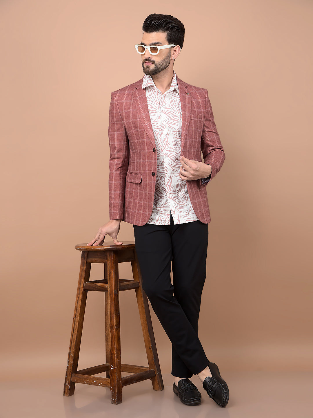 Peach Checked Single Breasted Blazer-Men Blazers-Crimsoune Club