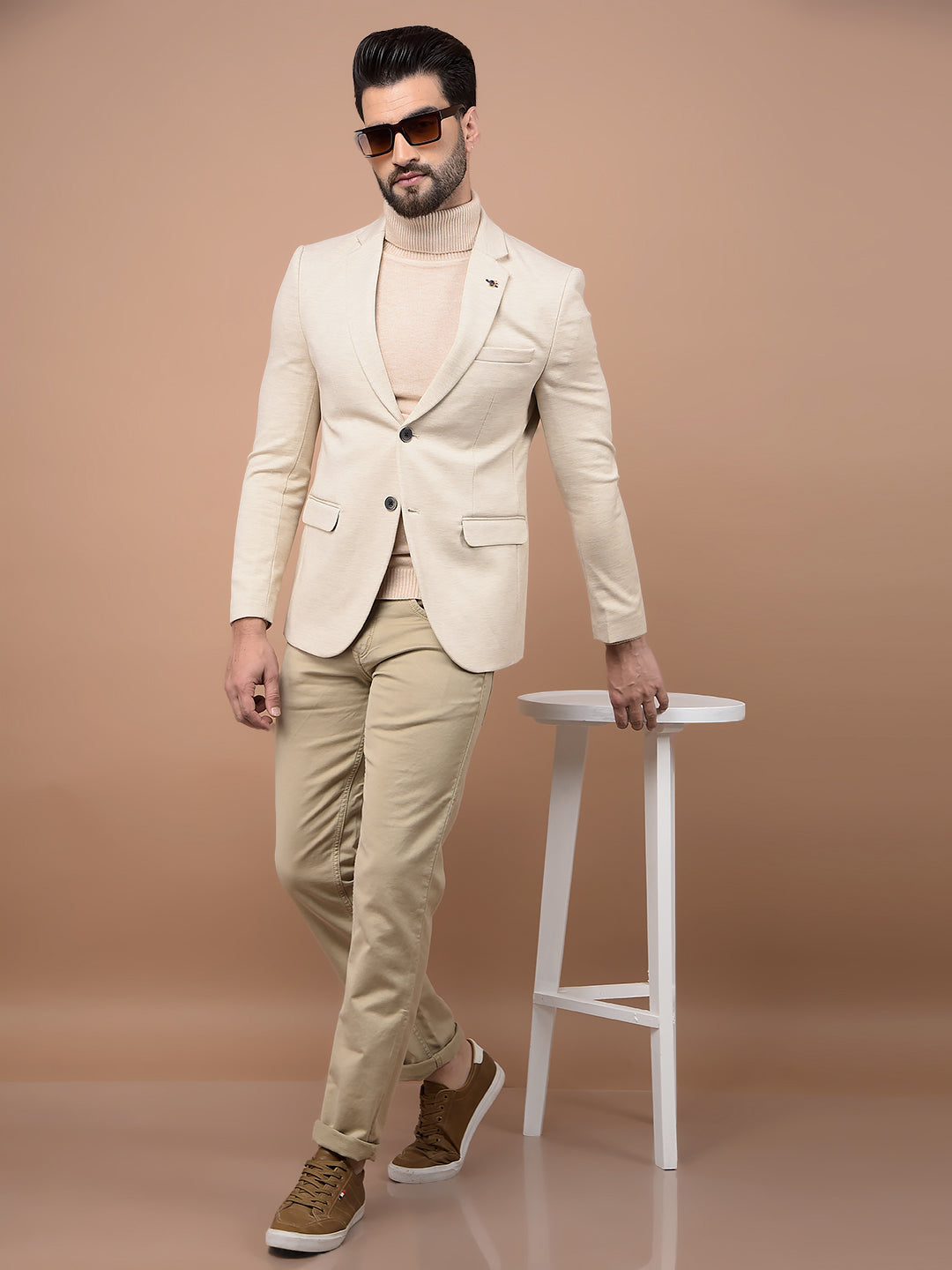 Beige Single Breasted Blazer-Men Blazers-Crimsoune Club