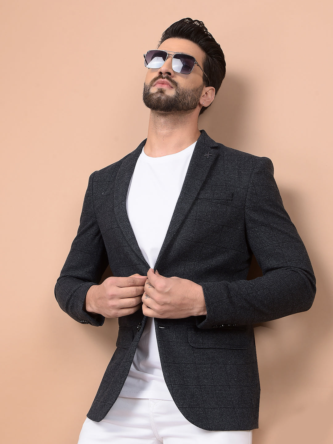 Grey Checked Single Breasted Blazer