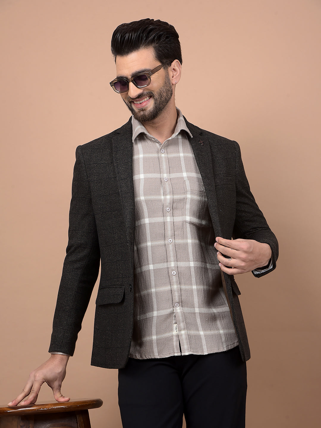 Brown Checked Single Breasted Blazer-Men Blazers-Crimsoune Club