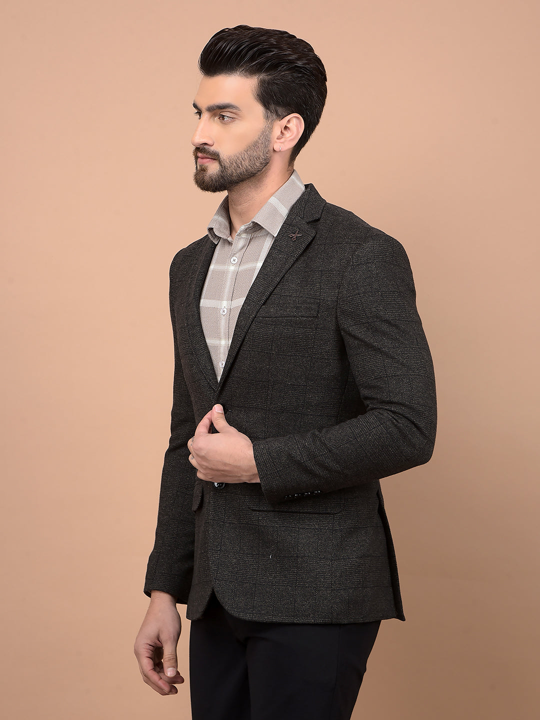 Brown Checked Single Breasted Blazer