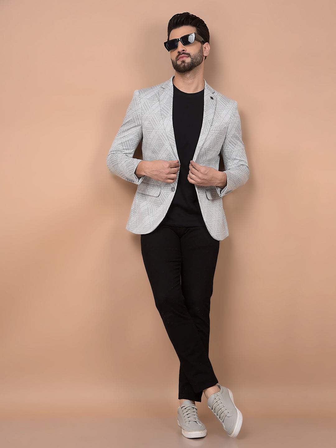 Grey Jacquard Single Breasted Blazer-Men Blazers-Crimsoune Club