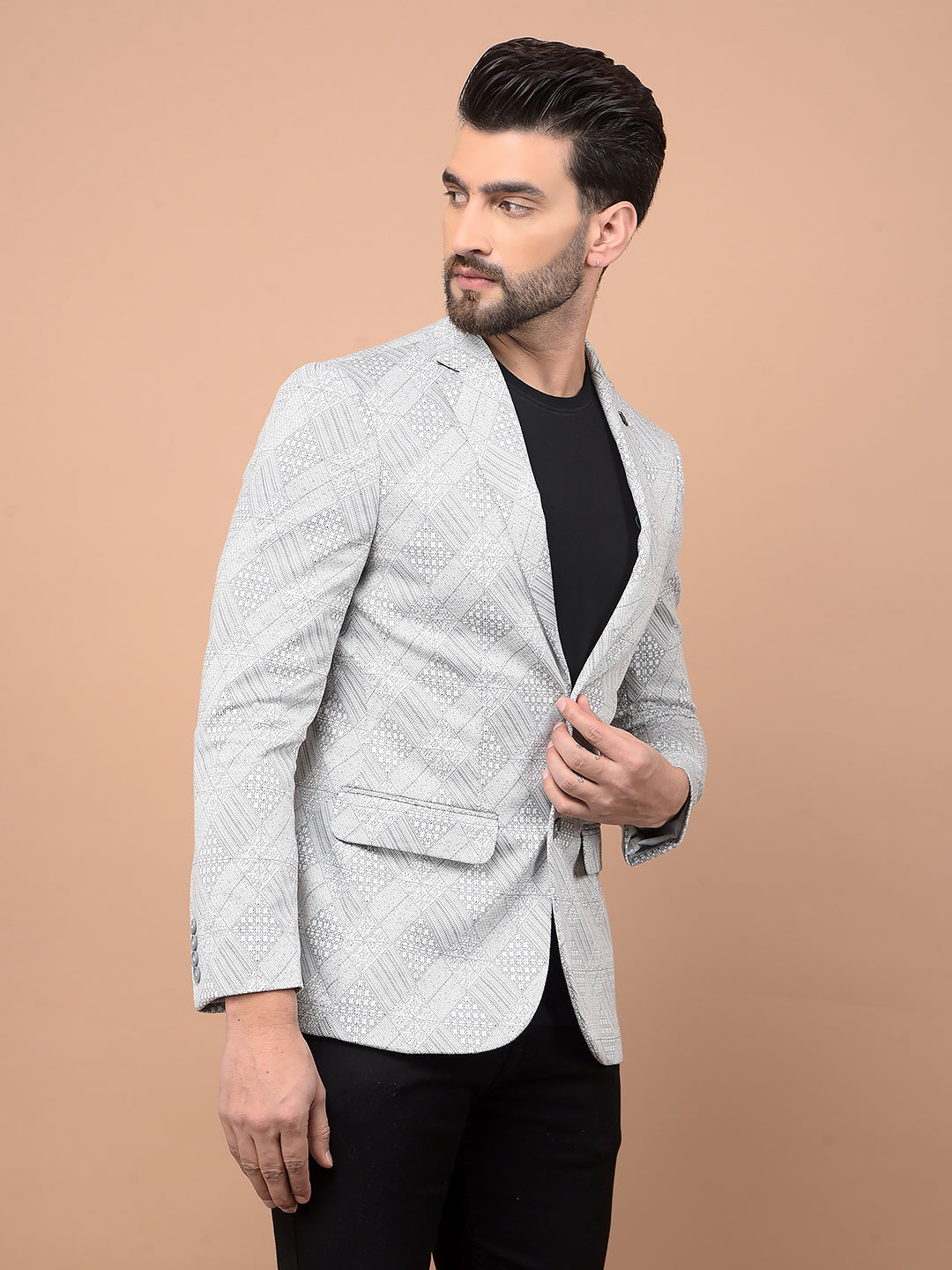 Grey Jacquard Single Breasted Blazer-Men Blazers-Crimsoune Club