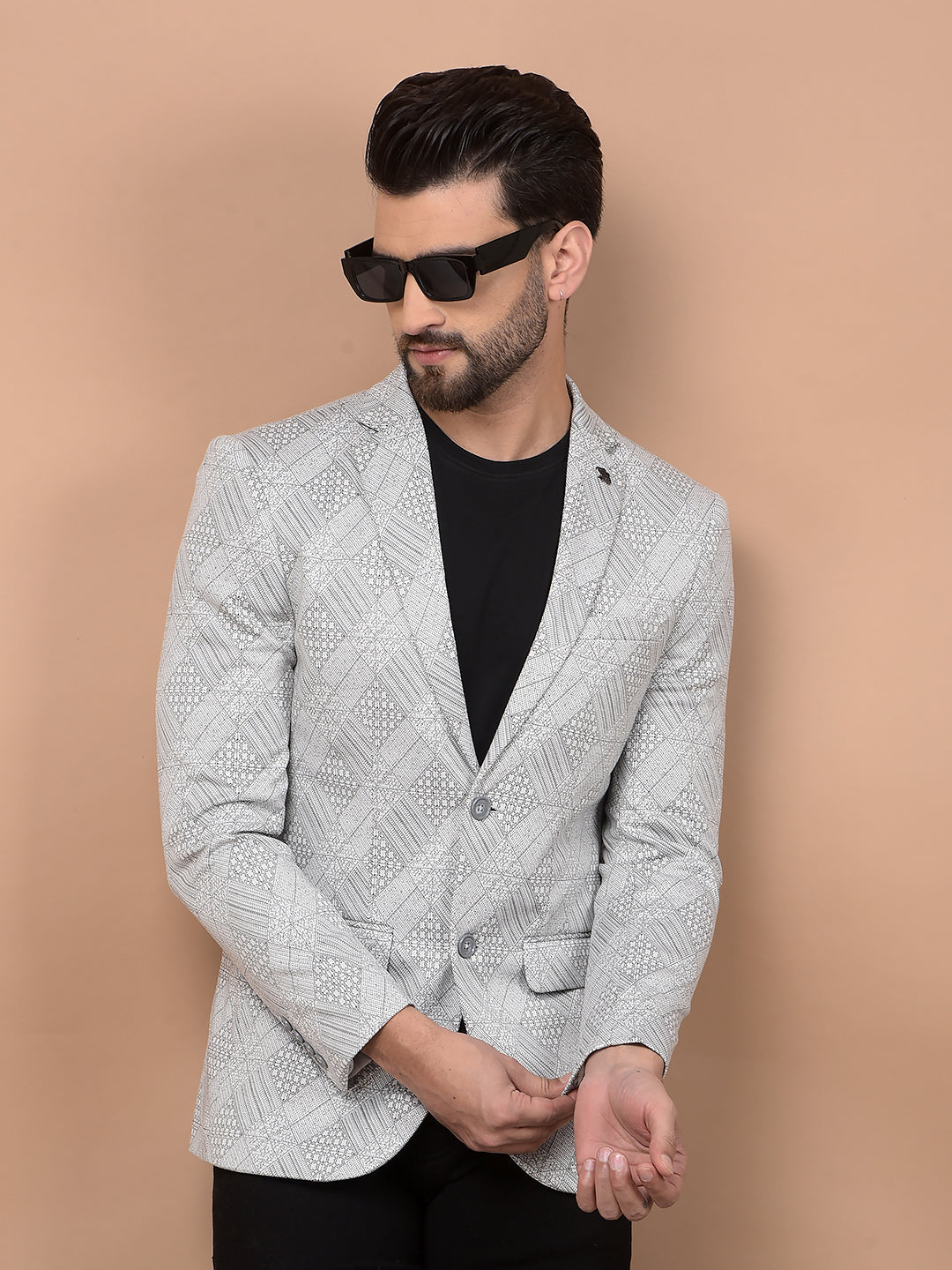 Grey Jacquard Single Breasted Blazer-Men Blazers-Crimsoune Club