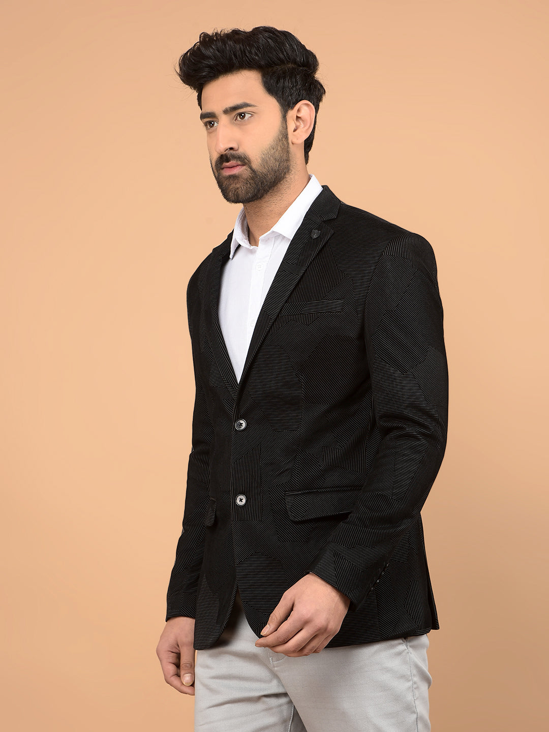 Black Printed Knitted Blazer-Men Blazers-Crimsoune Club