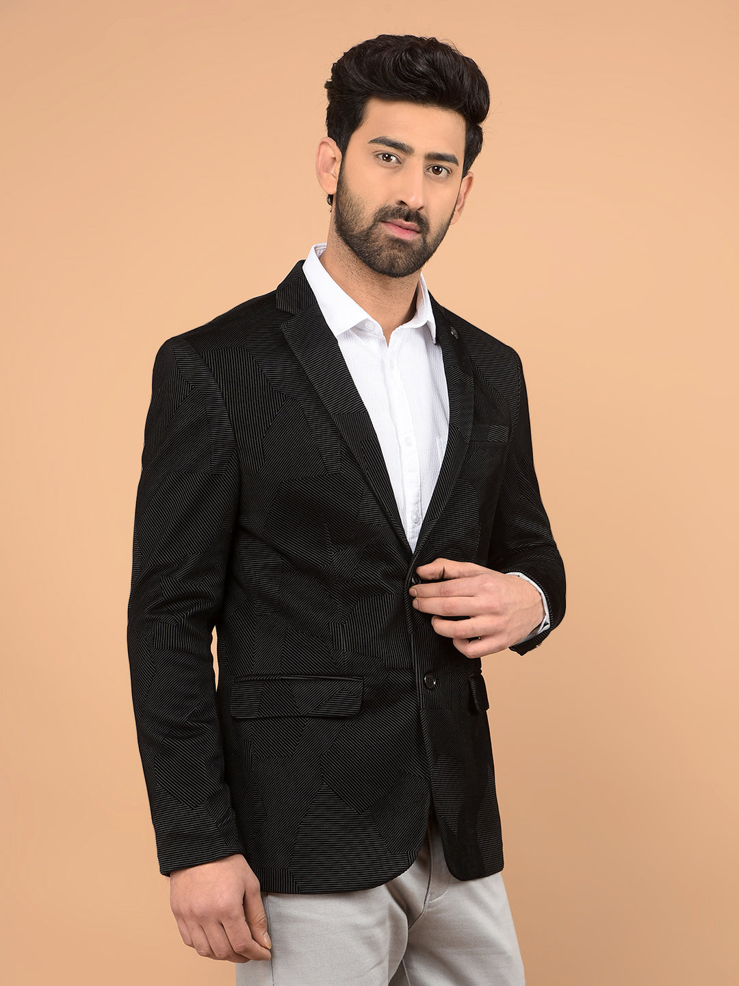 Black Printed Knitted Blazer-Men Blazers-Crimsoune Club