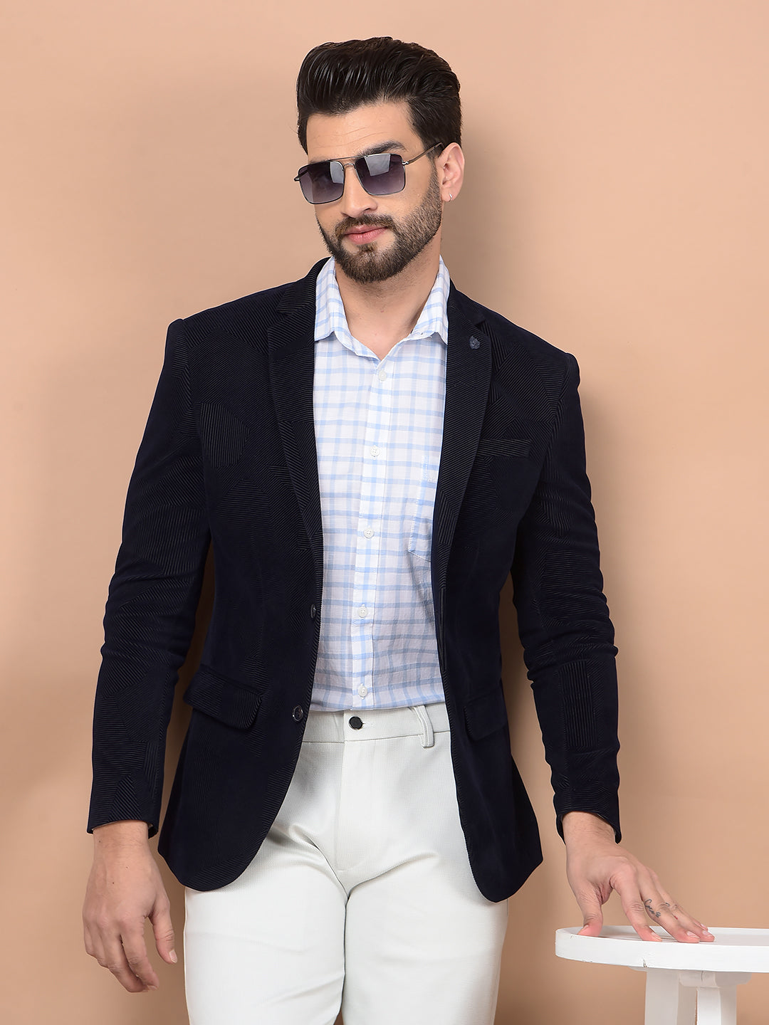 Navy Blue Velvet Single Breasted Blazer-Men Blazers-Crimsoune Club