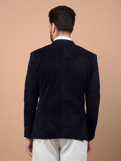 Navy Blue Velvet Single Breasted Blazer-Men Blazers-Crimsoune Club