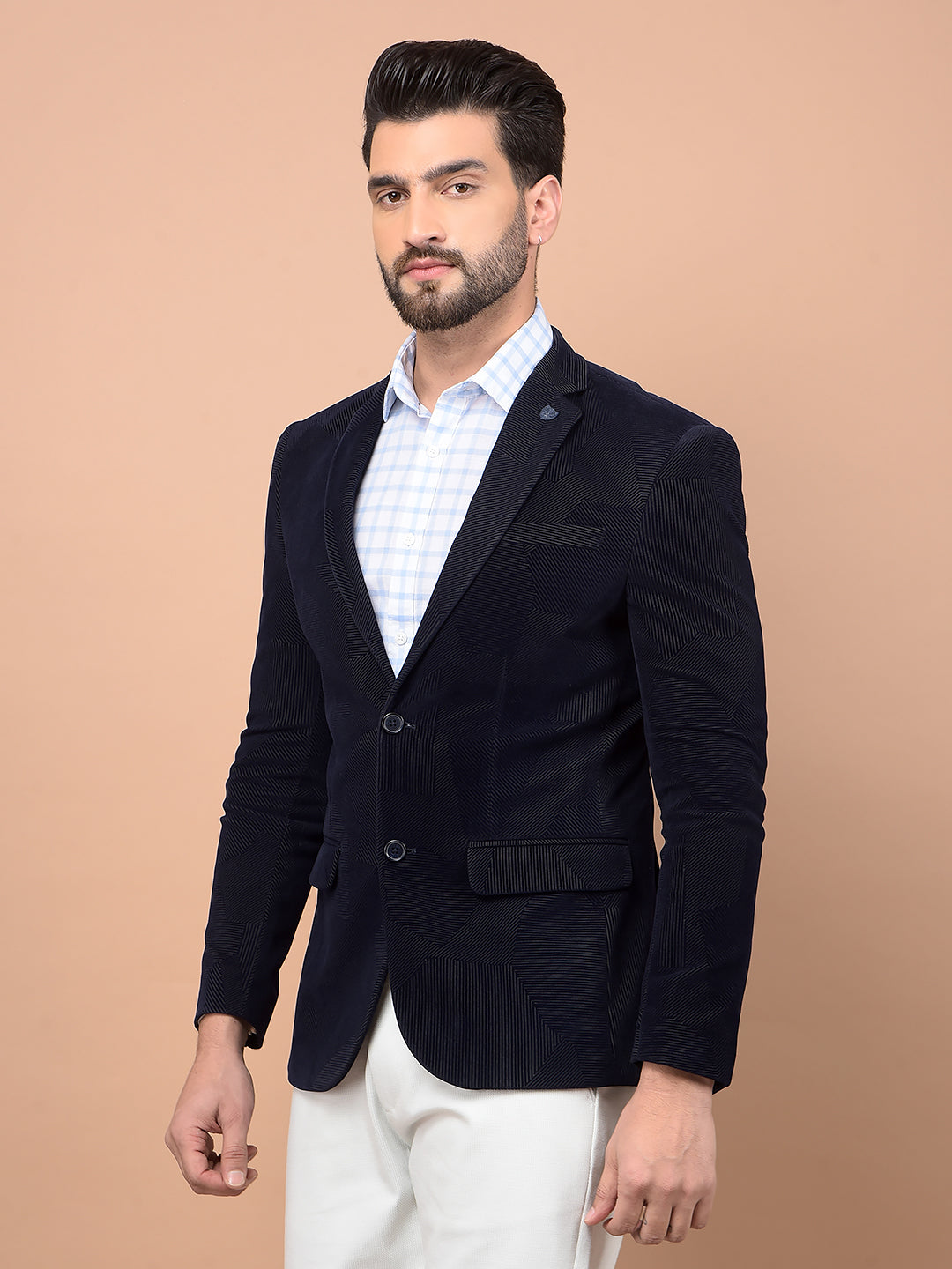 Navy Blue Velvet Single Breasted Blazer