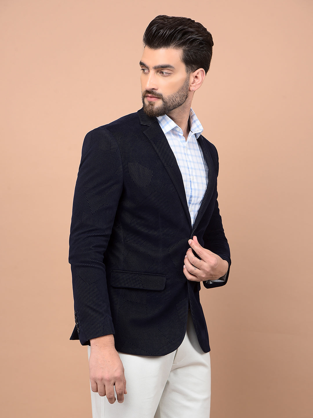 Navy Blue Velvet Single Breasted Blazer-Men Blazers-Crimsoune Club