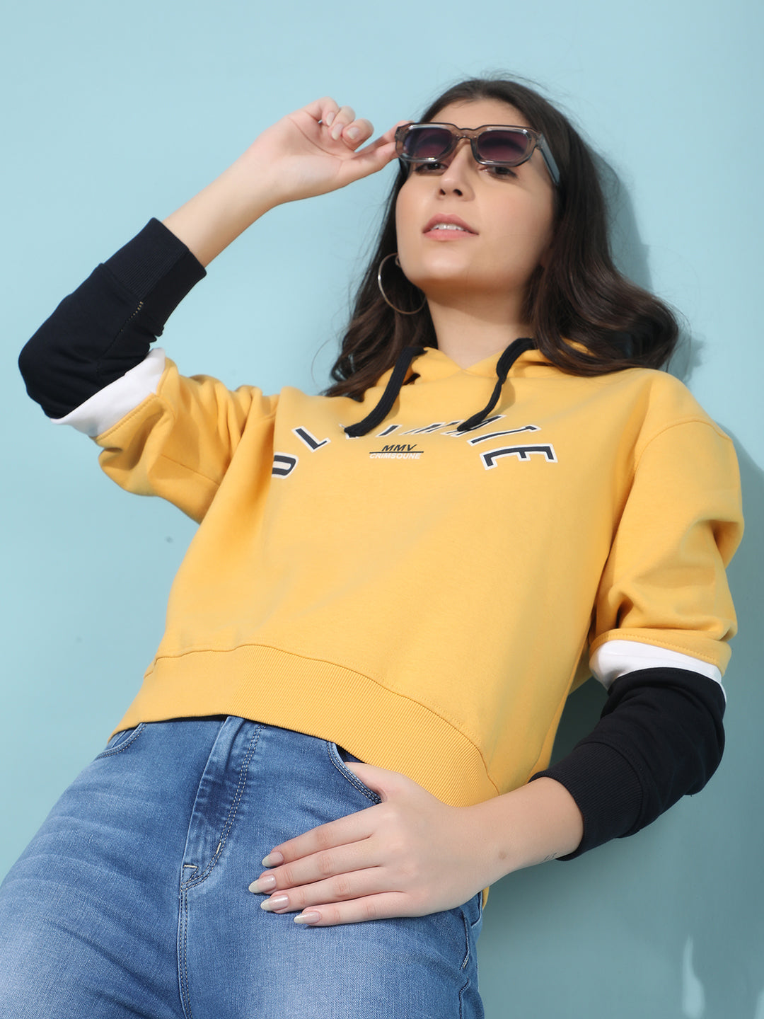 Yellow Color-Blocked Hooded Sweatshirt-Women Sweatshirts-Crimsoune Club