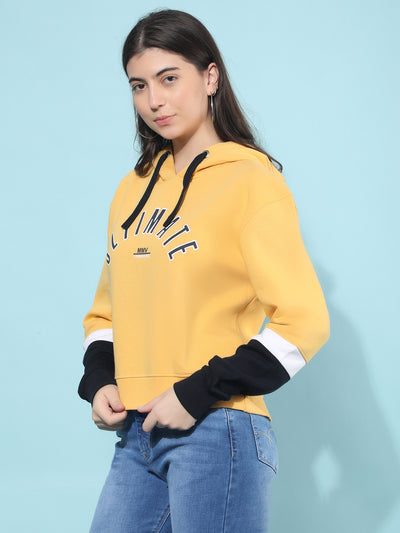 Yellow Color-Blocked Hooded Sweatshirt-Women Sweatshirts-Crimsoune Club