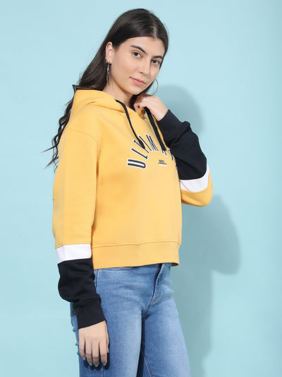 Yellow Color-Blocked Hooded Sweatshirt-Women Sweatshirts-Crimsoune Club