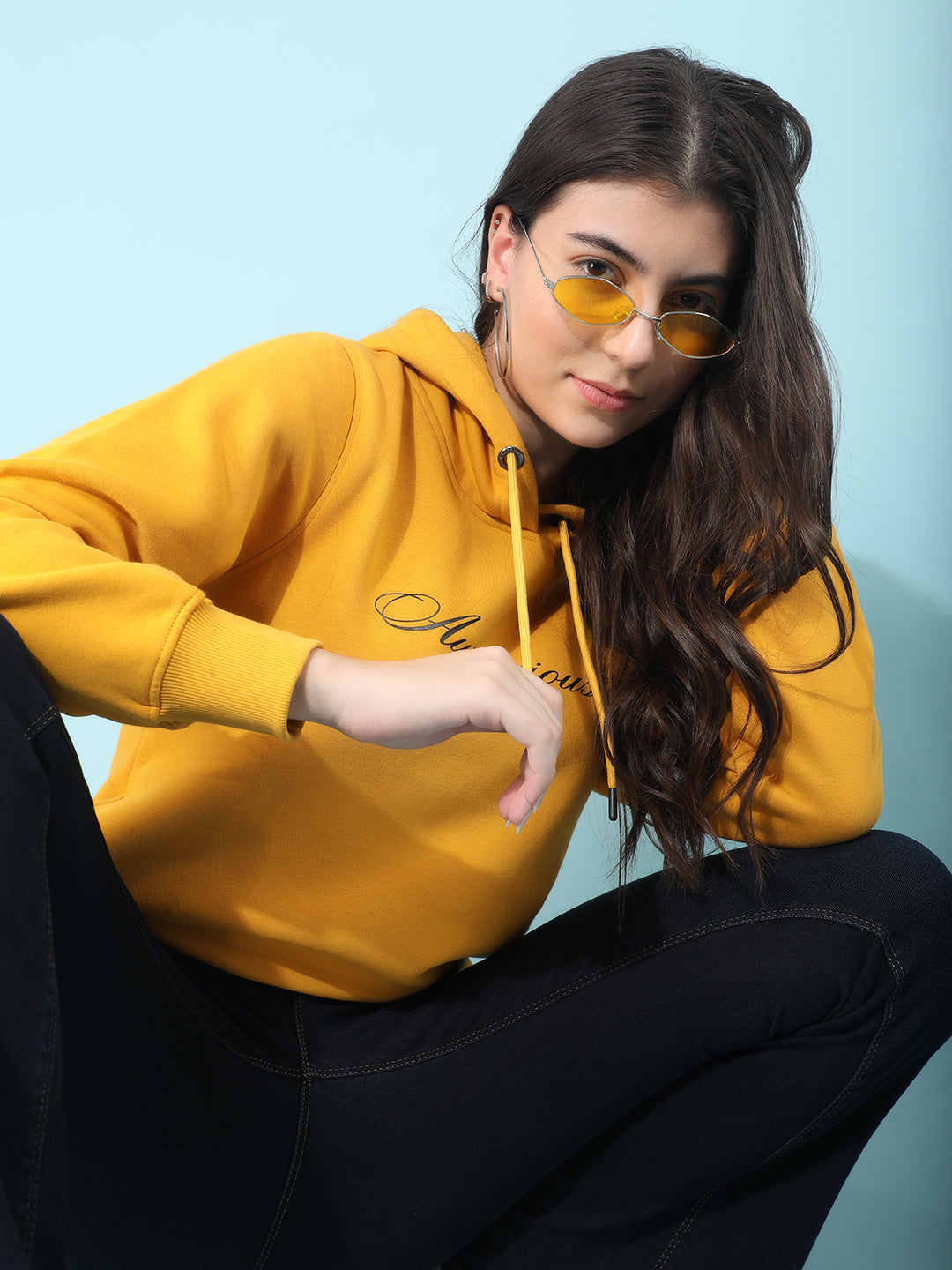 Mustard Typographic Print Hooded Sweatshirt-Women Sweatshirts-Crimsoune Club