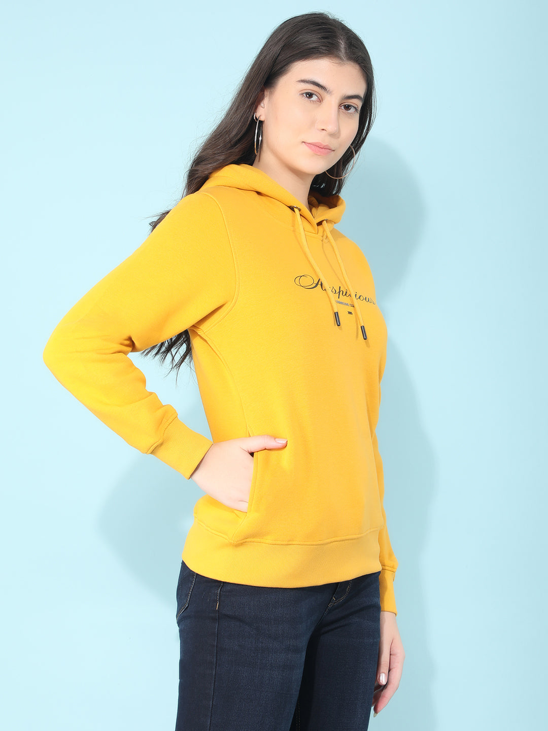 Mustard Typographic Print Hooded Sweatshirt-Women Sweatshirts-Crimsoune Club