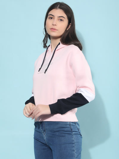 Pink Typographic Print Hooded Sweatshirt-Women Sweatshirts-Crimsoune Club