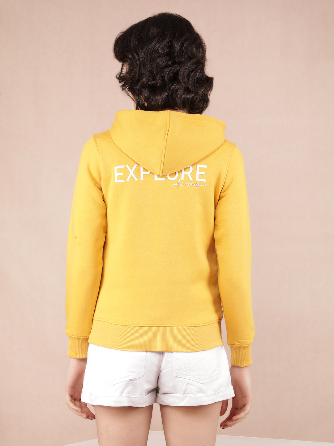 Mustard Graphic Print Hooded Neck Sweatshirt-Women Sweatshirts-Crimsoune Club