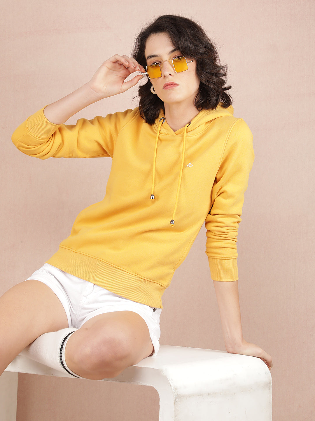 Mustard Graphic Print Hooded Neck Sweatshirt-Women Sweatshirts-Crimsoune Club