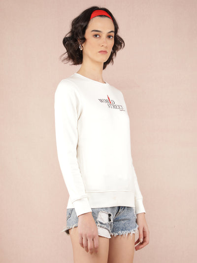 White Typographic Print Sweatshirt-Women Sweatshirts-Crimsoune Club